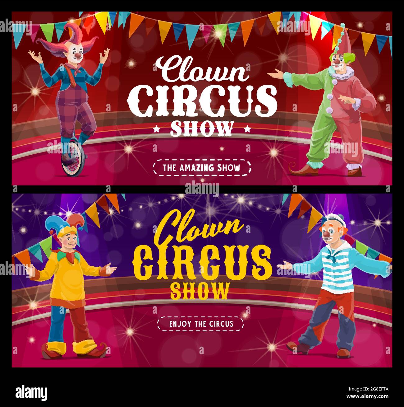 Shapito Zirkus Cartoon Clowns und Narren, Vektor-Künstler oder Darsteller auf großen Top-Arena. Karnevalsshow große Eröffnungsbanner. Funsters in hellen Kosten Stock Vektor
