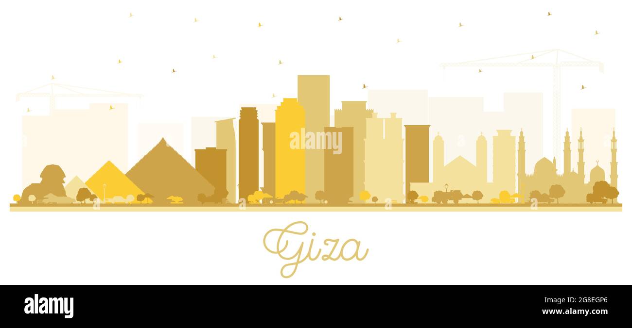 Giza Egypt City Skyline Silhouette mit goldenen Gebäuden isoliert auf Weiß. Vektorgrafik. Business Travel and Tourism Concept mit historischem Bogen Stock Vektor