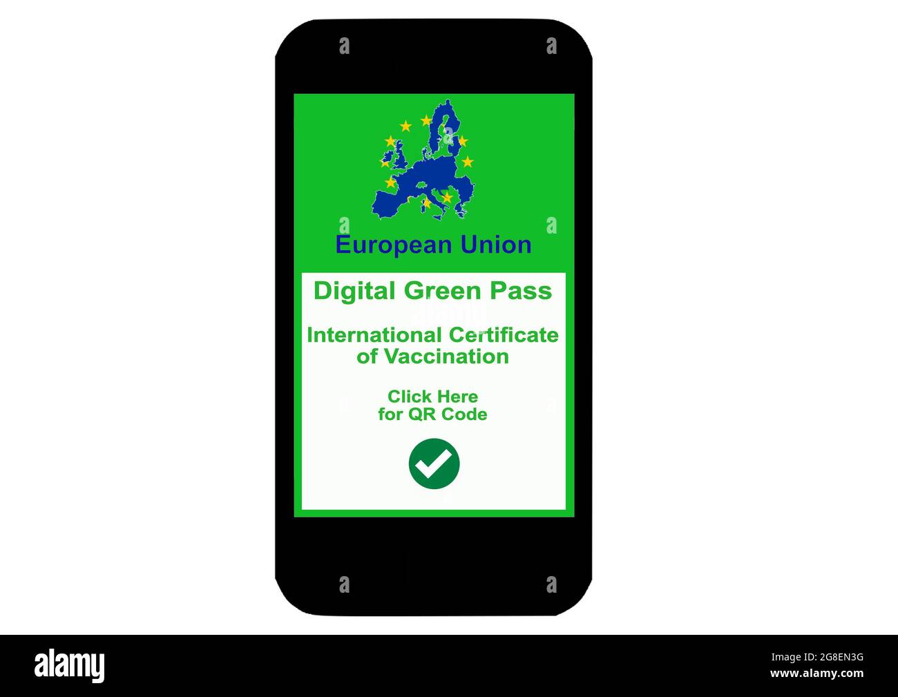 Smartphone mit digitalem Green Pass, EU-Impfzertifikat auf dem Display für sicheres Reisen Stockfoto