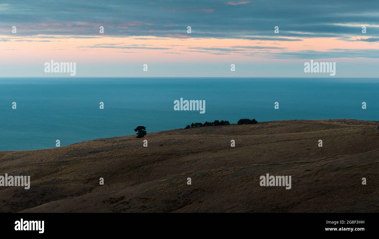 Port Hills bei Sonnenuntergang, Canterbury, Südinsel von Neuseeland. Stockfoto