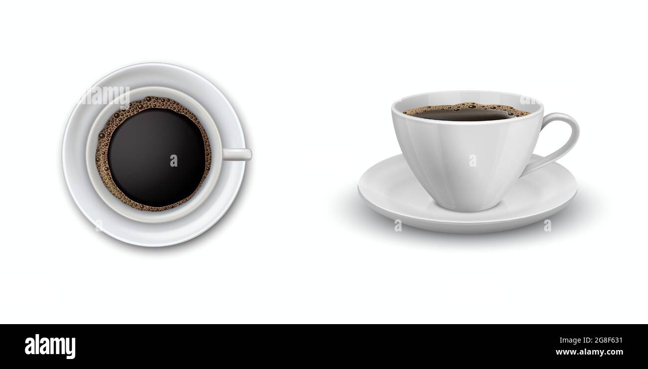 Moderne realistische Icon st mit schwarzer Kaffeetasse vorne und von oben Stock Vektor