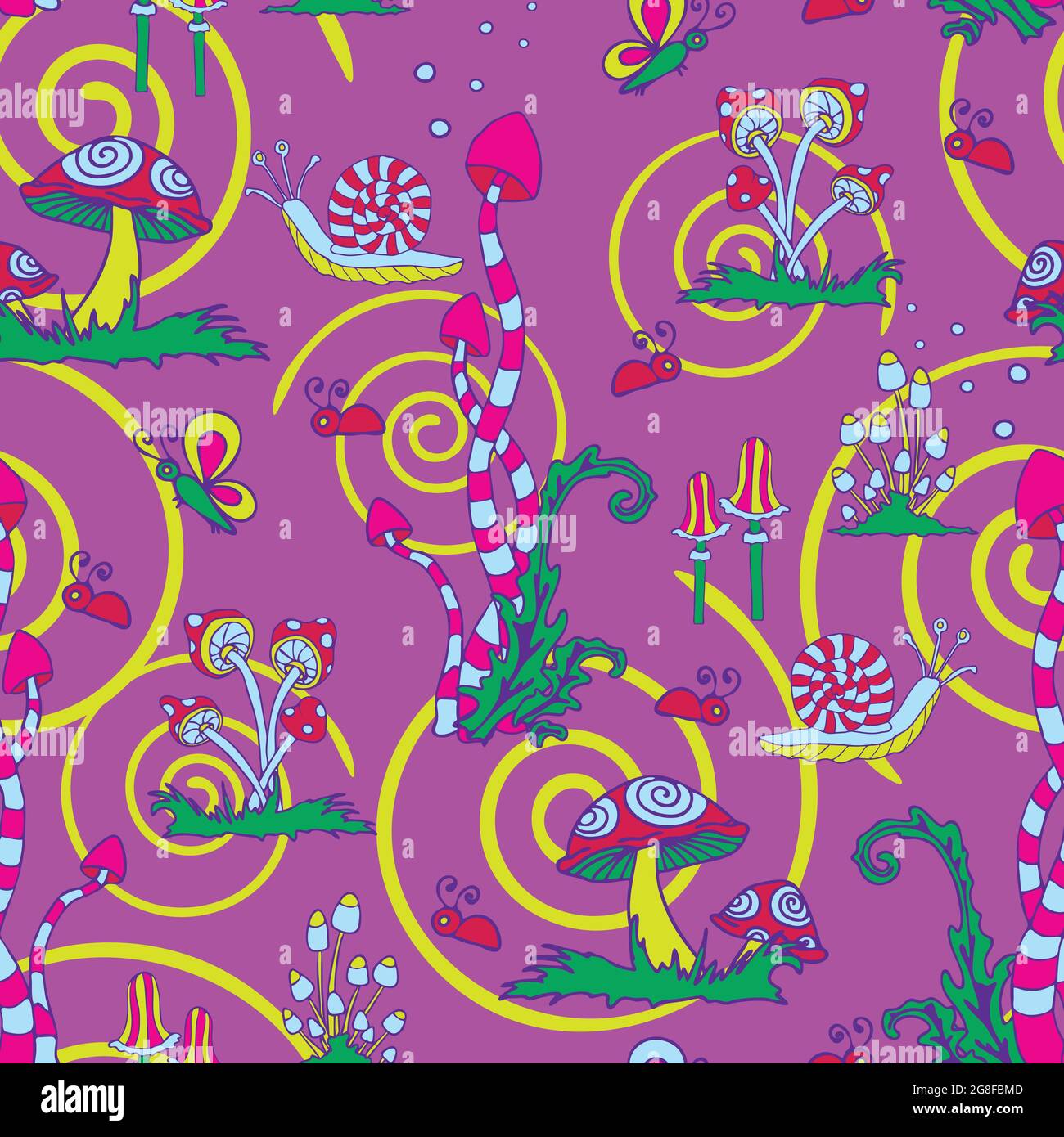 Nahtloses Vektor-Muster mit Fantasy-Pilzen auf violettem Hintergrund. Träumen Sie wie Tapetendesign mit Zauberwald. Bunte Pflanze Mode Textil. Stock Vektor