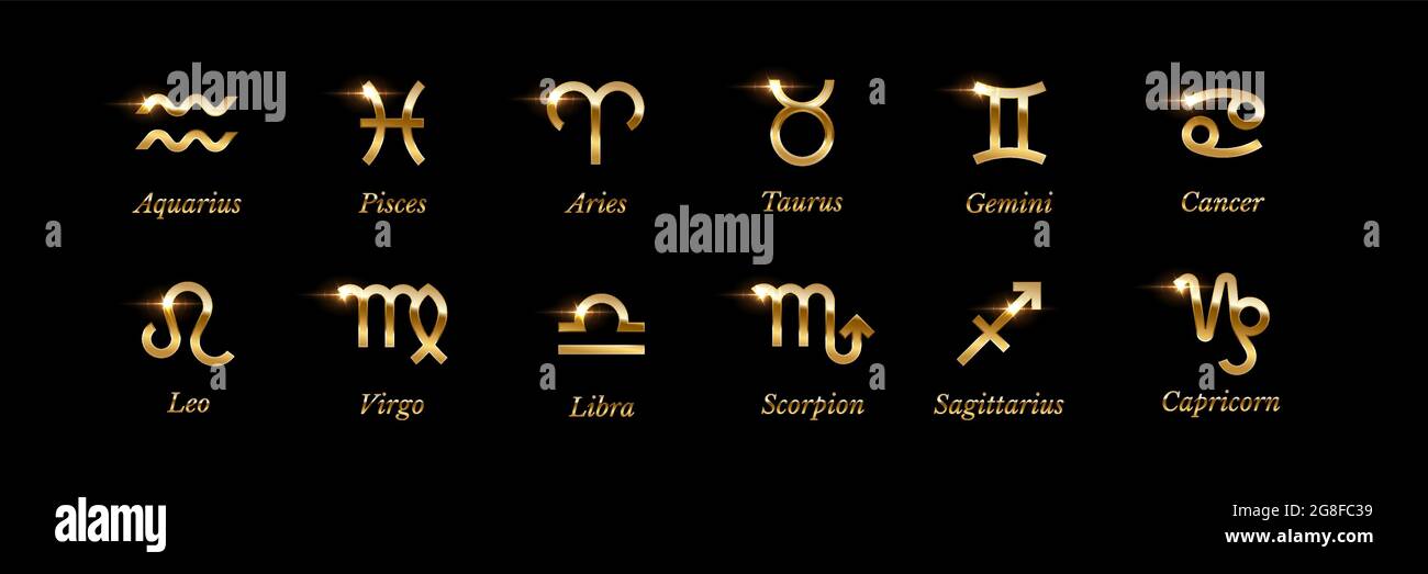 Goldene Sternzeichen mit Namen auf schwarzem Hintergrund. Astrologie Symbole und Horoskop Vektor Illustration. Glänzendes Metall wassermann, fische, widder, Taurus Stock Vektor
