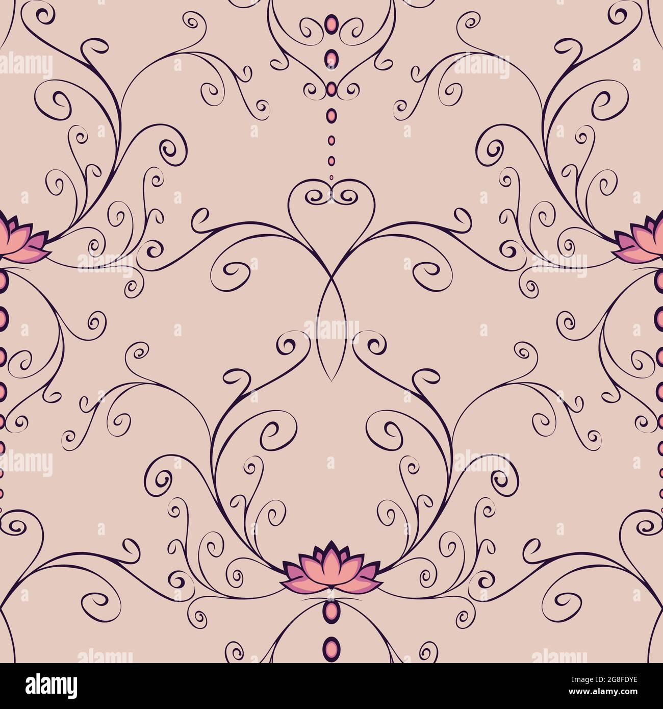 Nahtloses Vektor-Muster mit rosa Lotusblumen und geschwungenen Linien auf violettem Hintergrund. Romantisches, ruhiges florales Tapetendesign. Stock Vektor
