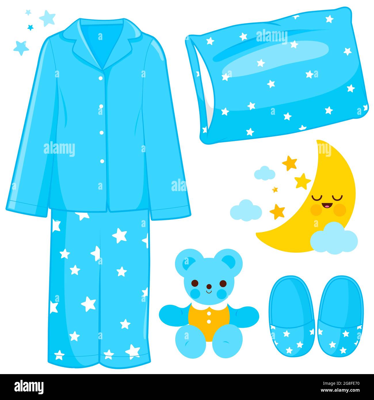 Blauer Schlafanzug für Kinder und Schlafzeitobjekte. Stockfoto