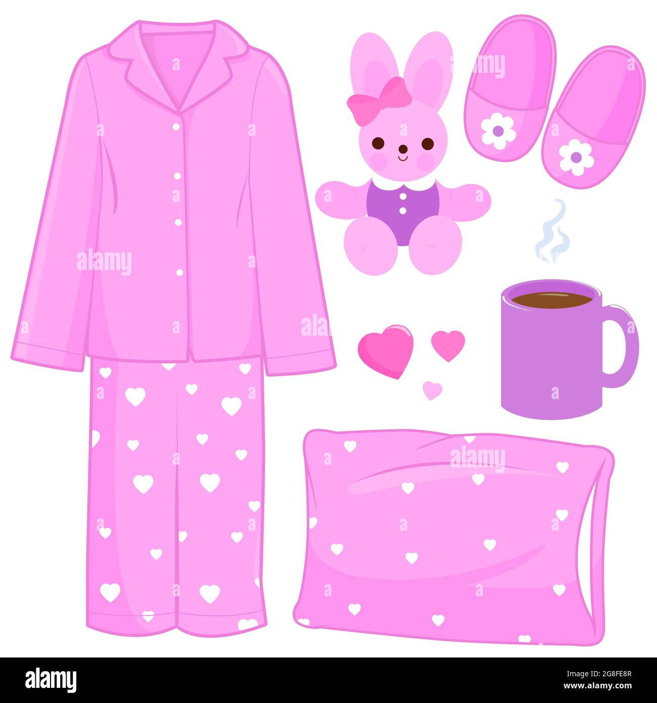 Pinkfarbener Schlafanzug für Kinder und Schlafzeitobjekte. Stockfoto