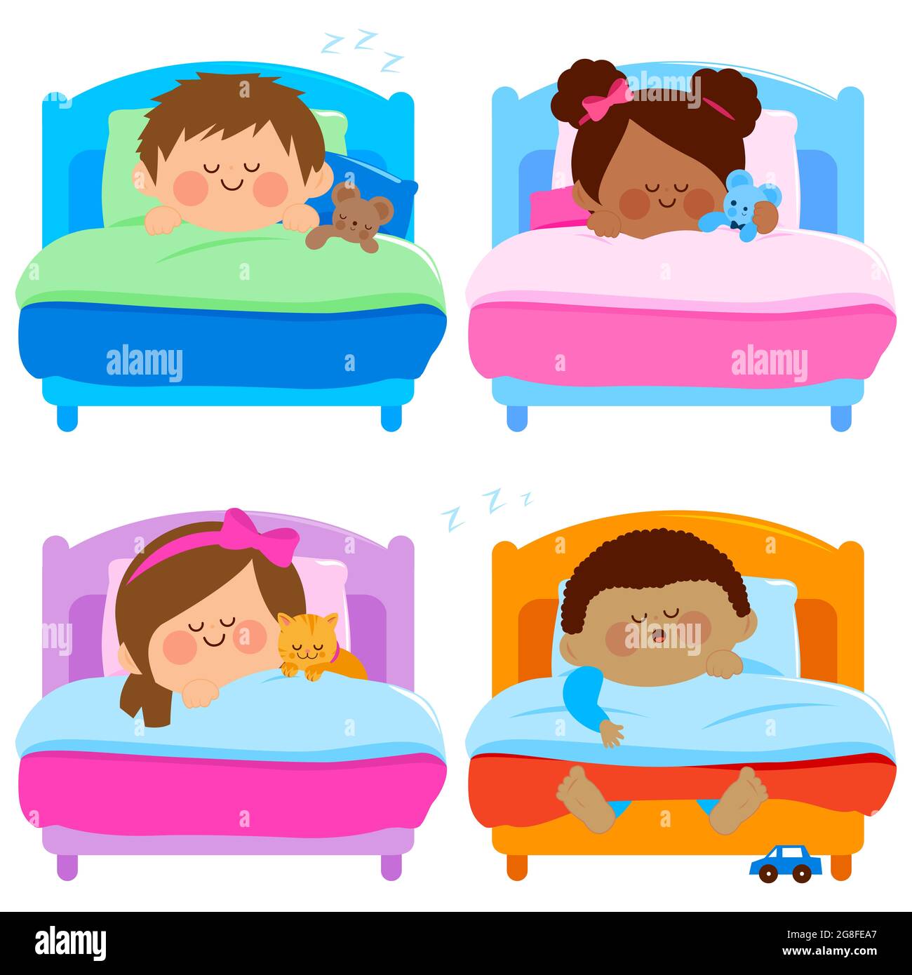 Illustration Sammlung von Kindern, die in ihren Betten schlafen. Stockfoto