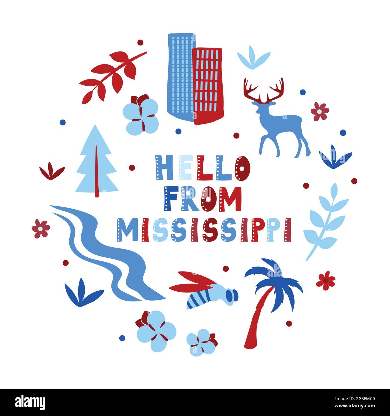 Illustrierte Karte des Staates Mississippi in den Vereinigten Staaten mit Staatssymbolen. Hallo von - Card. Editierbare Vektordarstellung Stock Vektor