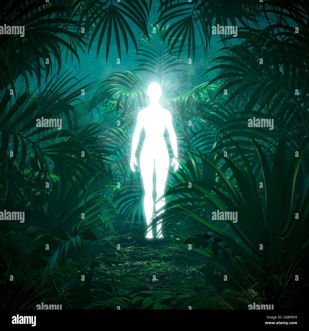 Alien weibliche Geist des Waldes / 3D-Illustration der glühenden geisterhaften Frau in dichten grünen tropischen Dschungel Stockfoto