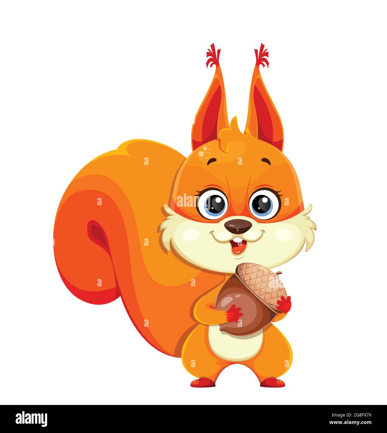 Nette flauschige Eichhörnchen hält Eichel, lustige Cartoon-Charakter. Vektordarstellung auf weißem Hintergrund isoliert Stock Vektor