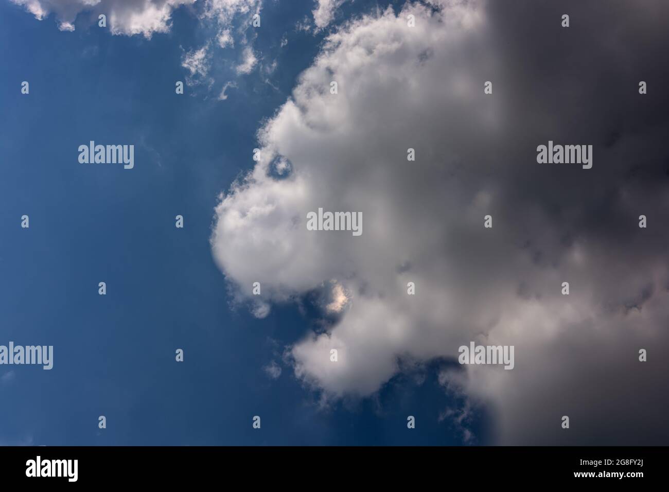 Wolken in Form eines Löwenkopfes gegen einen blauen Himmel. Stockfoto