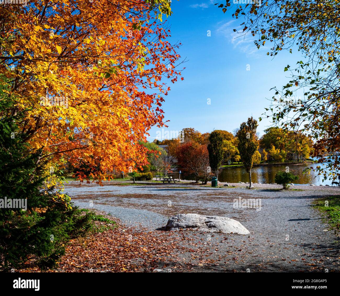 Pfad, der sich im Herbst zu einem Parkbereich am Ufer eines Sees öffnet Stockfoto