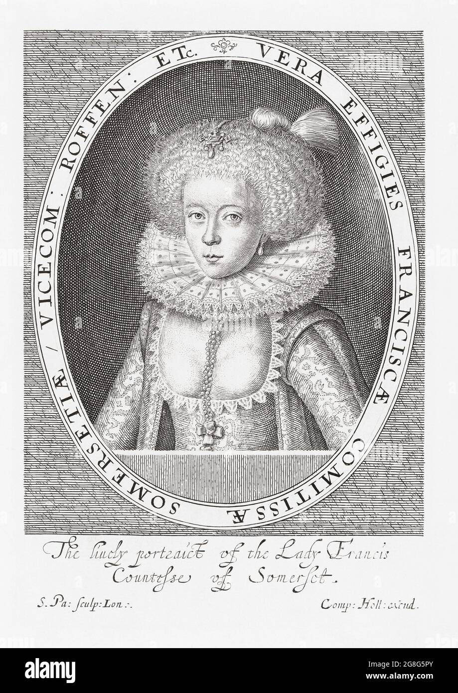 Frances Carr, Gräfin von Somerset, 1590 - 1632. Die Gräfin und ihr Mann wurden in einem berühmten Skandal während der Regierungszeit von König James I. des Mordes schuldig gesprochen.nach einem Druck von Simon van de Passe aus dem frühen 17. Jahrhundert. Stockfoto