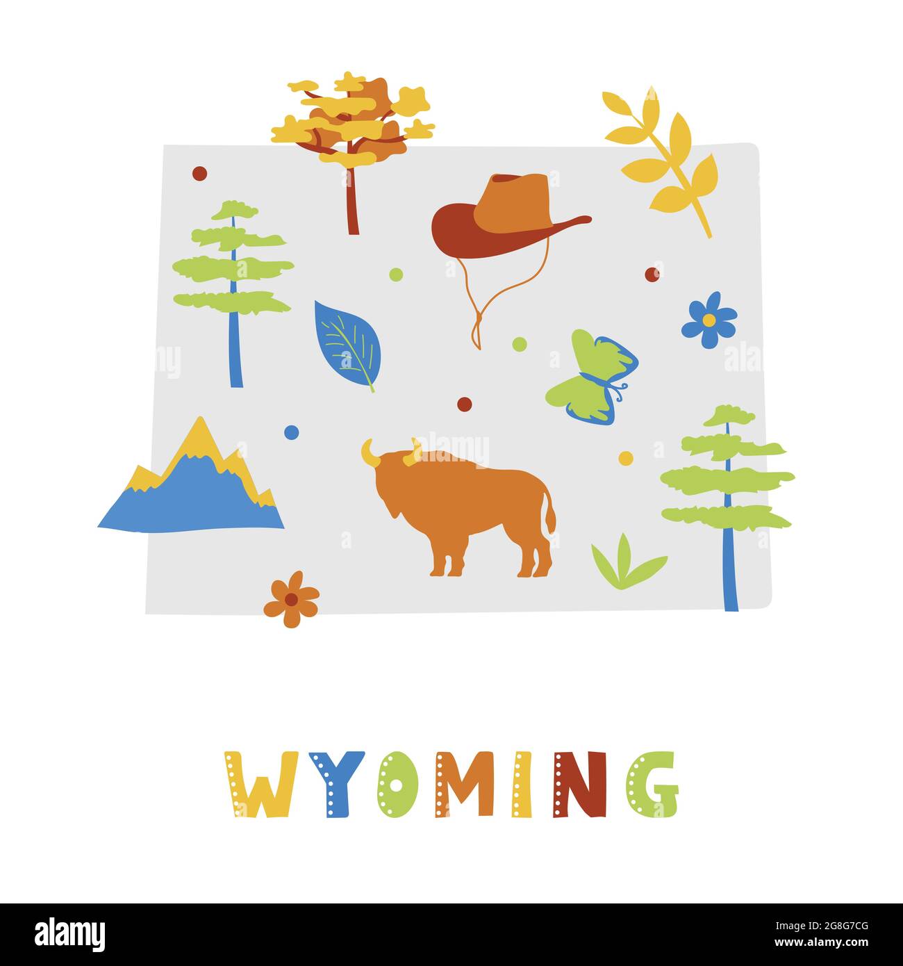 USA-Kartensammlung. Staatssymbole und Natur auf grauer State Silhouette - Wyoming. Cartoon-Stil für den Druck Stock Vektor