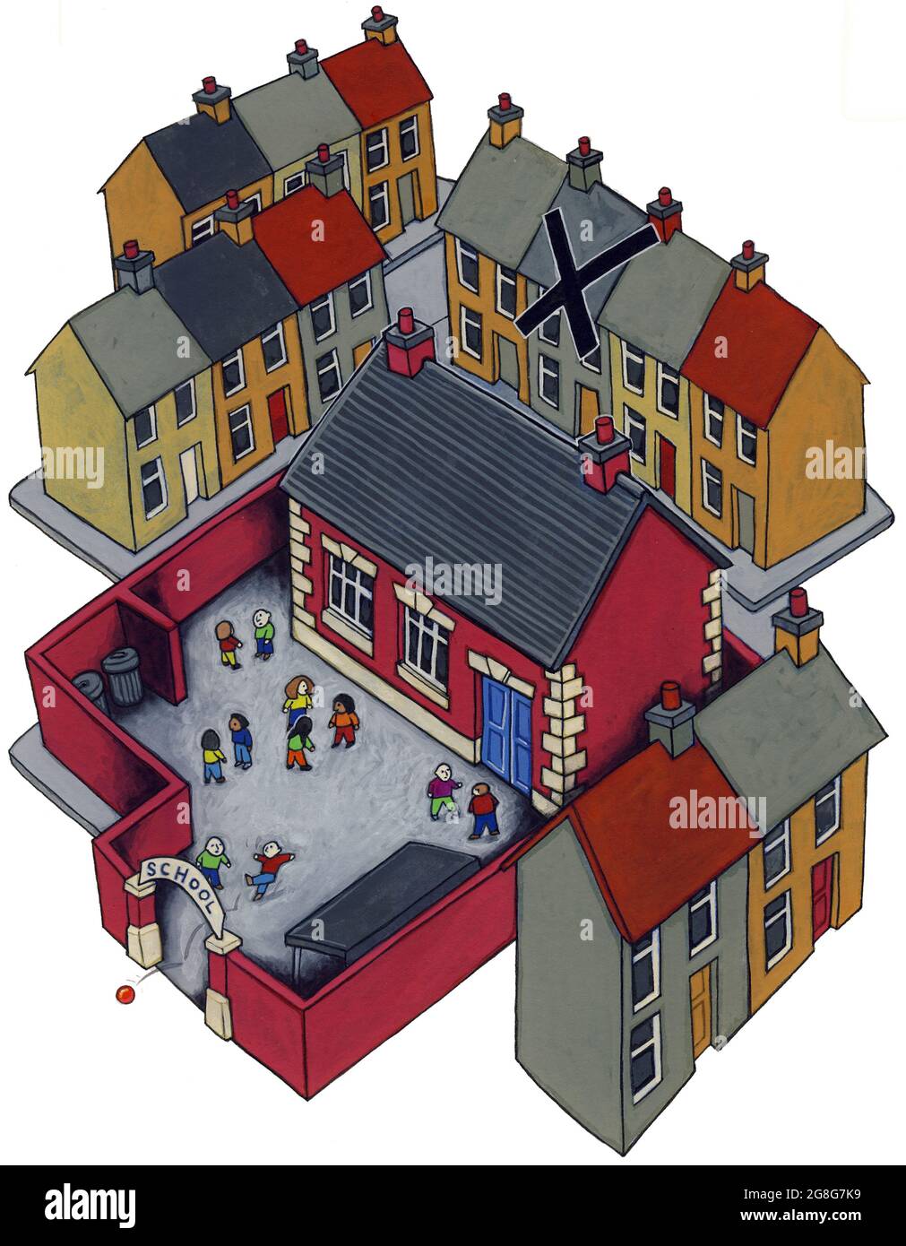 Concept Art Illustration zeigt eine von Häusern umgebene Schule. Ein Haus ist mit einem Kreuz gekennzeichnet, das ausgegrenzten Kindern oder Problemfamilien entspricht. Stockfoto