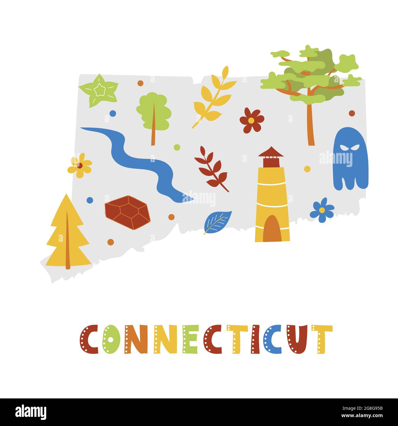 USA-Kartensammlung. Staatssymbole und Natur auf grauer Staatssilhouette - Connecticut. Cartoon-Stil für den Druck Stock Vektor