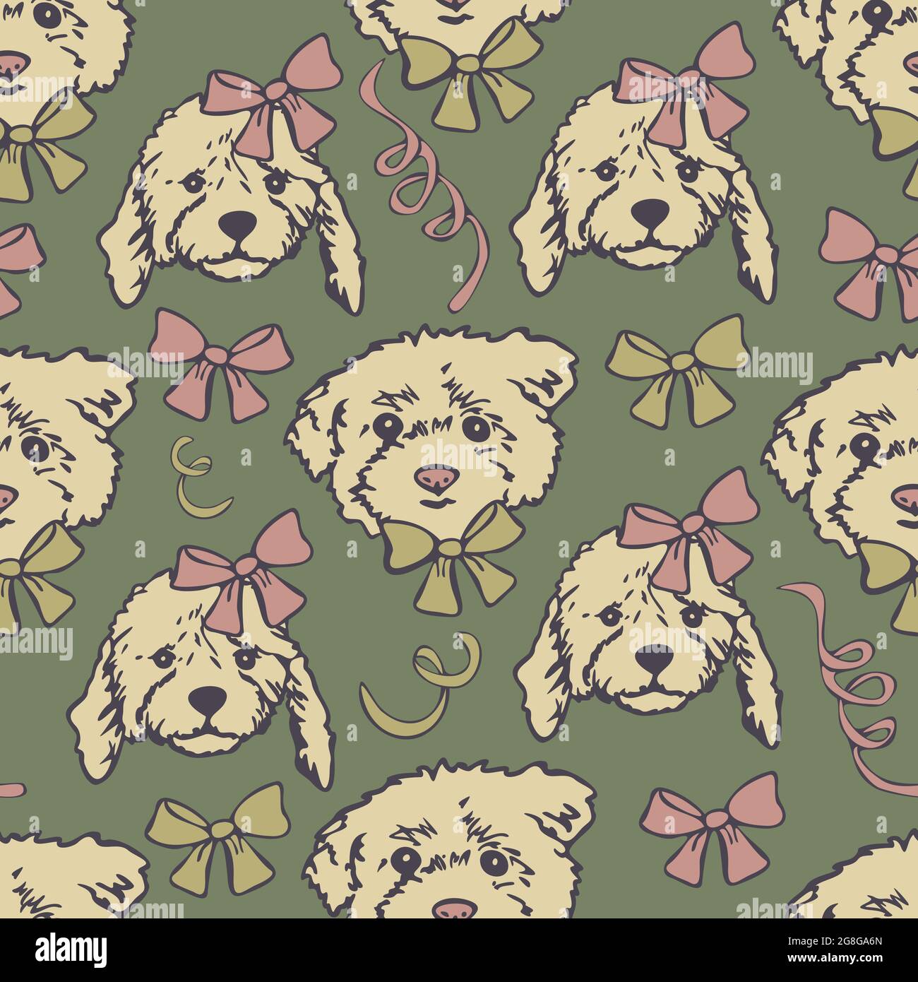 Vektor nahtlose Muster mit niedlichen Hund Gesichter. Hundeköpfe mit Bogenknoten und Bändern. Stock Vektor