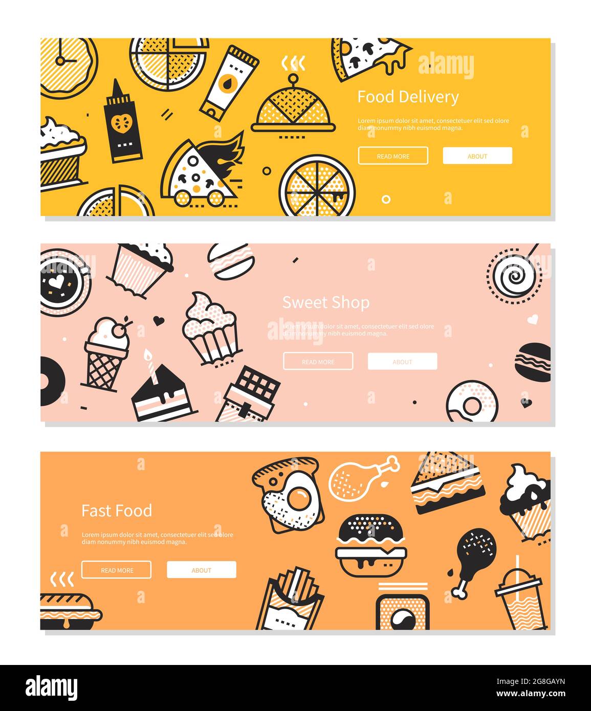 Banner im Food-Line-Design mit drei farbigen Hintergründen – gelb, rosa und orange. Hochwertige Bilder für ein Café, Restaurant, Geschäft. Donuts, c Stock Vektor