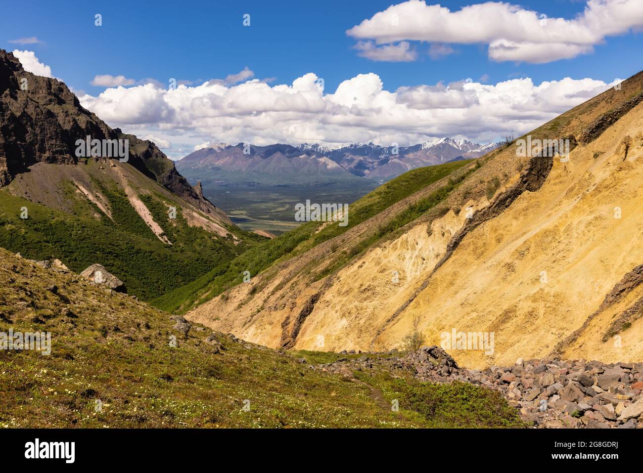 Vulkangestein umreiet den Skookum Volcano Trail und die Bachabflüsse in der Wrangell-St. Elias National Park in Alaska. Stockfoto