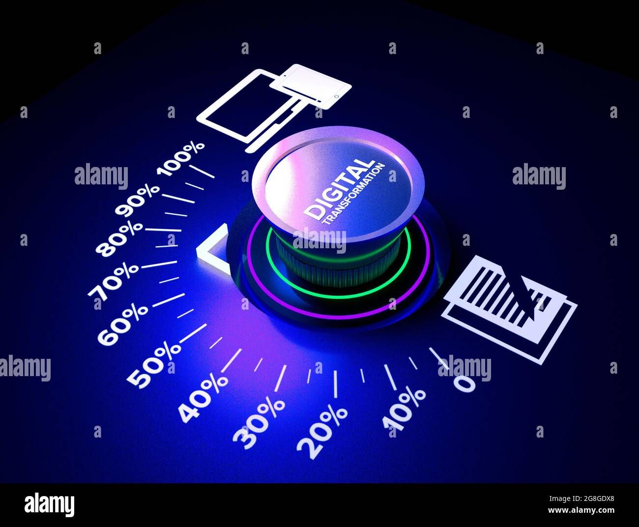 Digitale Transformation mit Informationstechnologien zur Effizienzsteigerung. Drehknopf zur Erhöhung der Datendigitalisierung. 3d-Rendering Stockfoto
