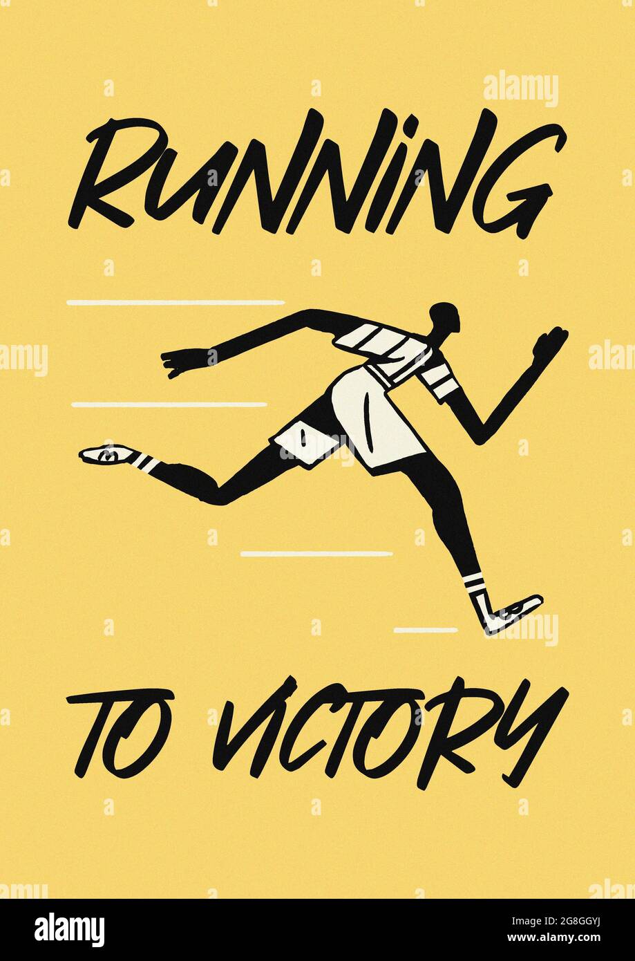 Rennen zum Sieg. Minimal-Poster mit Slogan für Sport- und Sportereignis mit einfachem Charakter. Oder ein metaphorisches Poster für den Erfolg. Stockfoto