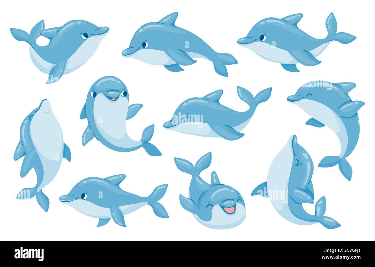 Delphin-Figuren. Lustige Delfine springen und schwimmen Posen. Ozeanarium Show Maskottchen Unterwasser Tier. Cartoon große Tümmler Baby Delphin Vektor-Set Stock Vektor