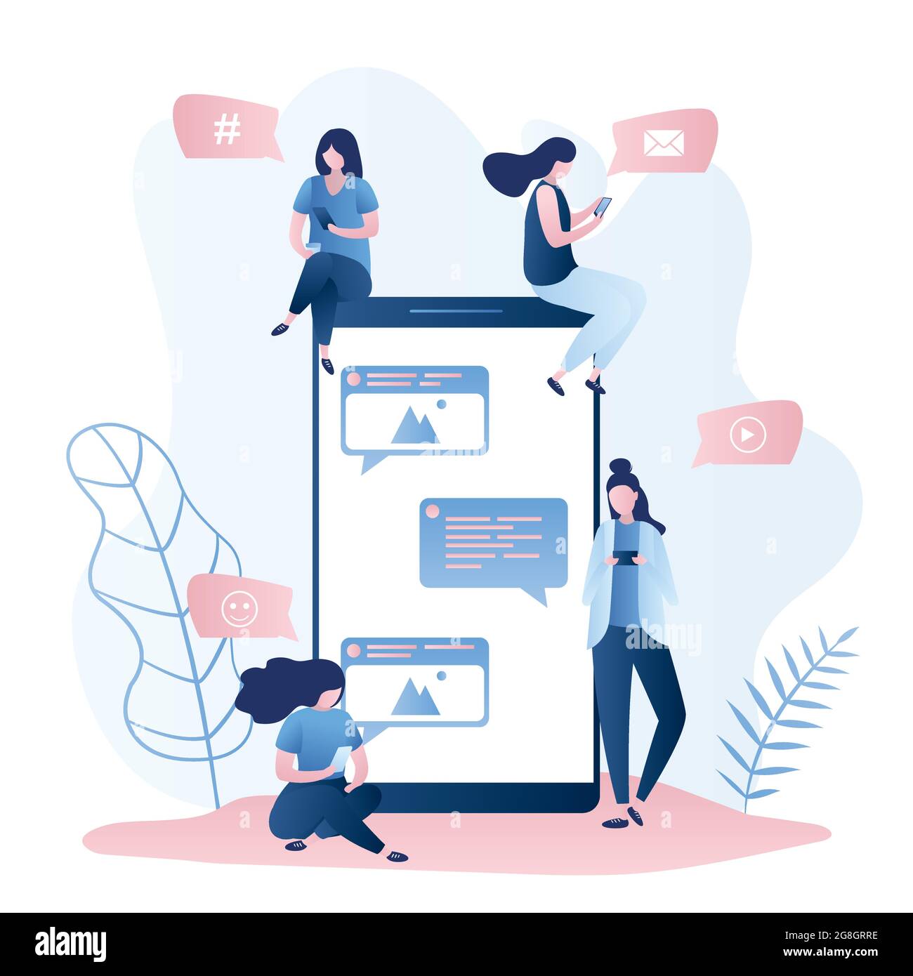 Großes Handy und verschiedene Mädchen mit Smartphones, weibliche Charaktere mit Gadgets für die Kommunikation, Sprechblasen mit Symbolen, soziales Netzwerk concep Stock Vektor