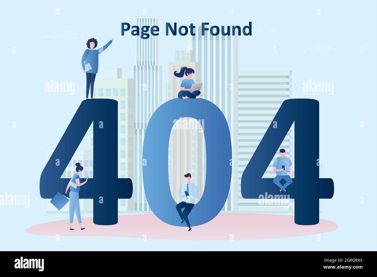 404 Fehler, Seite nicht gefunden- Hintergrund, verschiedene Menschen mit intelligenten Gadgets, trendige Stil Vektor-Illustration. Stock Vektor
