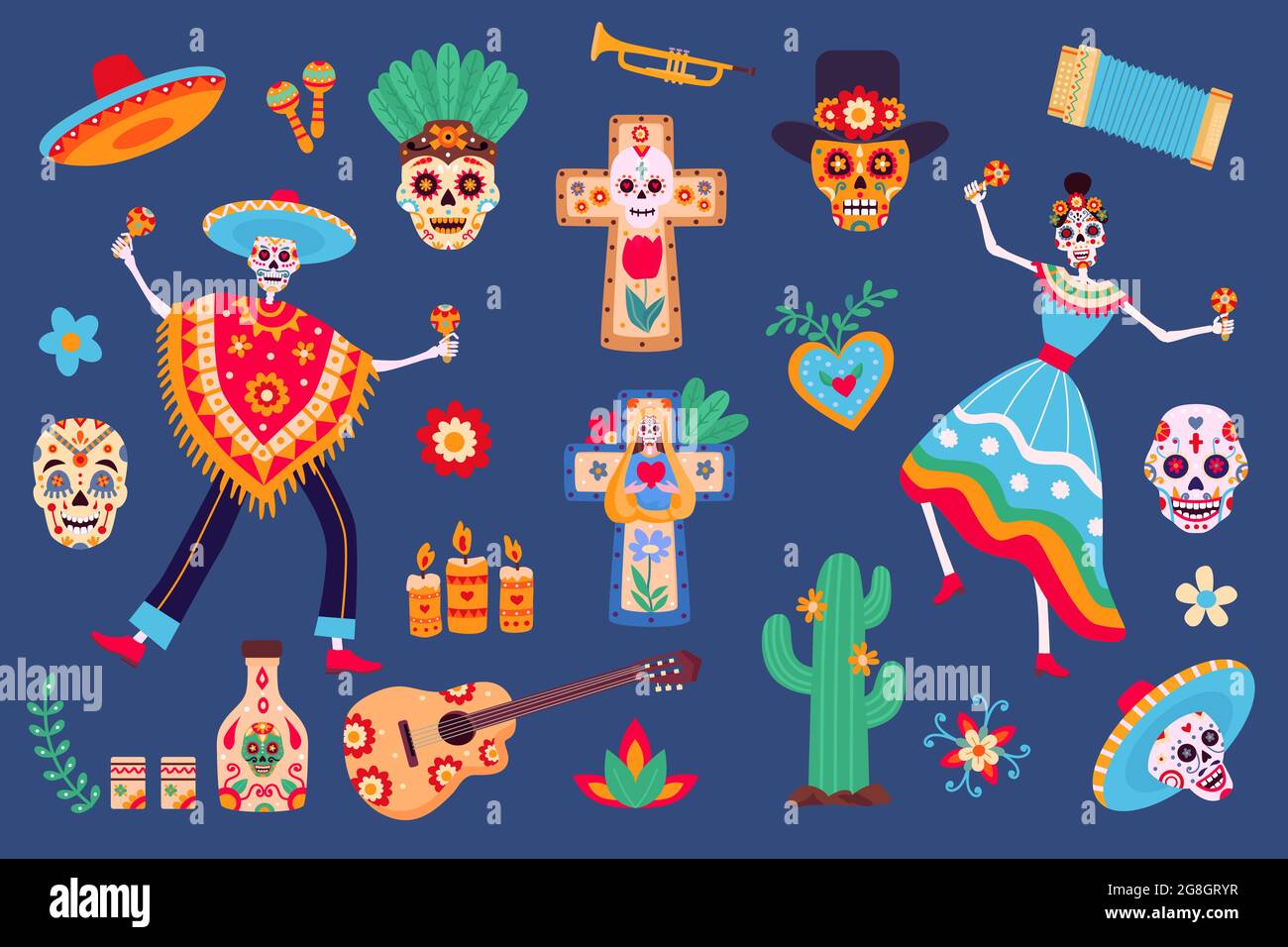 Tag der toten Elemente. Skelettfiguren in mexikanischer Kleidung, Zuckerschädel, Sombrero, Kaktus und Tequila. Dia de los Muertos Party-Vektor-Set Stock Vektor
