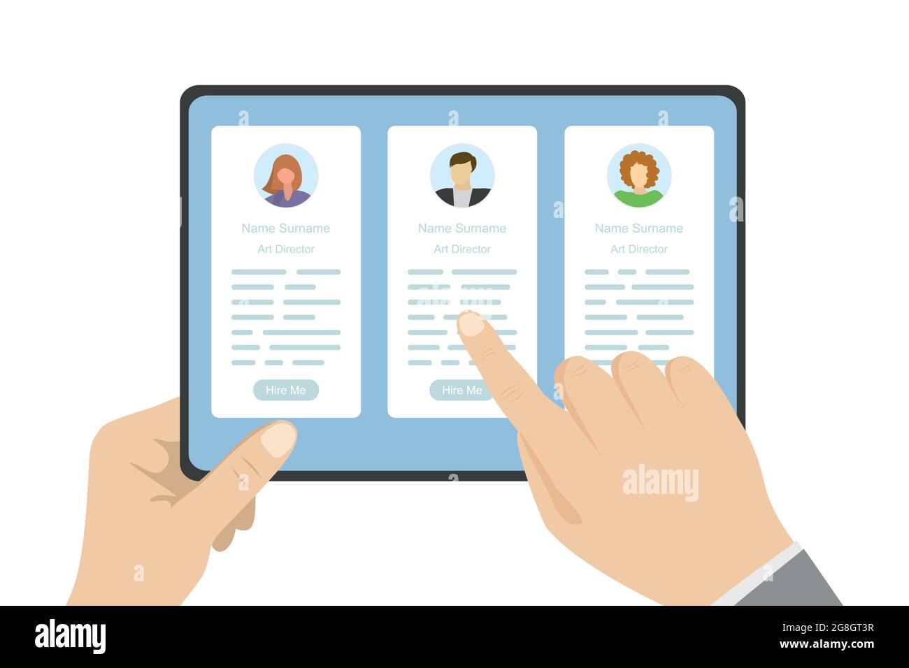 Hände halten Tablet-pc, drei lebenslauf auf dem Bildschirm, Anwendungsvorlage, Job-Jagd-Konzept, flache Vektor-Illustration Stock Vektor