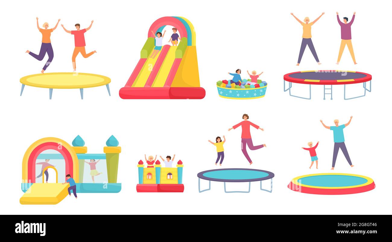 Menschen springen auf Trampolin. Glückliche Erwachsene, Kinder und Familie  hüpfen auf Trampolinen, aufblasbarem Haus und Rutsche. Vektorset für aktive  Unterhaltung Stock-Vektorgrafik - Alamy