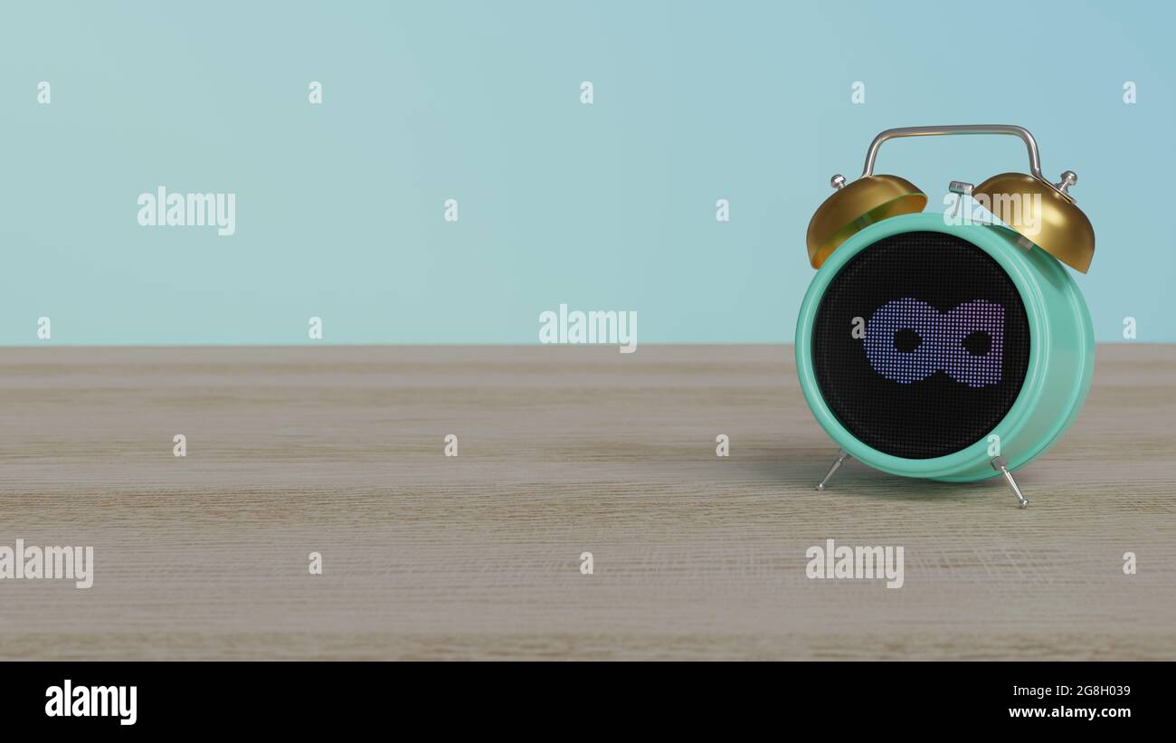 3d-Rendering von Farb-Wecker mit Symbol der Unendlichkeit Zeichen auf Punkt-Display auf Holztisch mit farbigen Wand Stockfoto