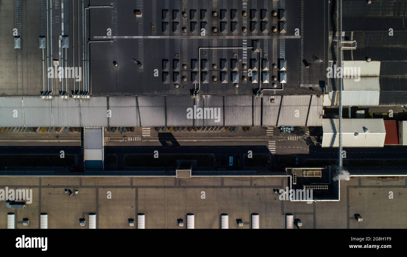 Factory Warehouse Roof Orthophoto Drone Shot Aerial Stockfoto