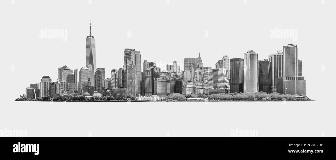 Schwarz-weißes Skyline-Panorama des Finanzviertels in der Innenstadt und des Lower Manhattan in New York City, USA. Isoliert im Hintergrund Stockfoto