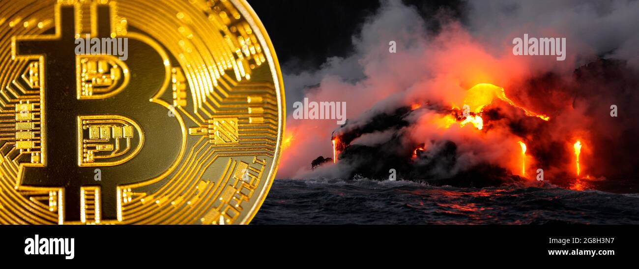Nachhaltiger Bitcoin-Bergbau. Krypto Mining Krypto Währung mit geothermischer Energie aus dem Vulkan, um die Auswirkungen auf den Klimawandel und die Umwelt zu minimieren Stockfoto