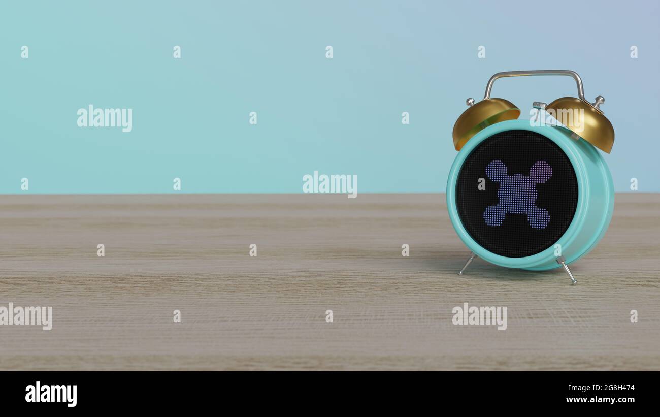 3d-Rendering von Farb-Wecker mit Symbol der Sulfatmoleküle auf Punktanzeige auf Holztisch mit farbigen Wand Stockfoto