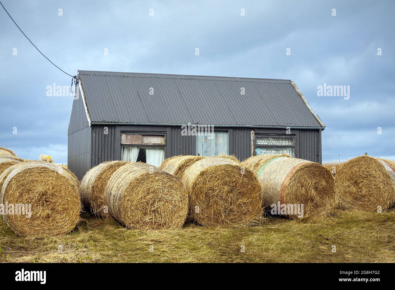 Hütte umgeben von Heurollen in der ländlichen Gegend von Schottland, Isle of Sky -Vereinigtes Königreich. Stockfoto