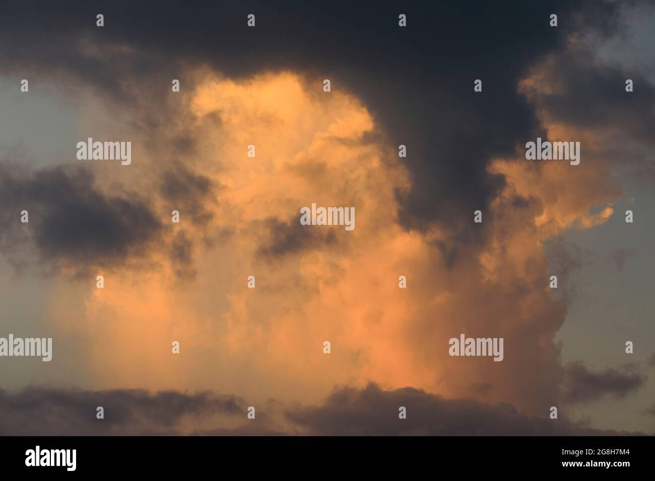 Malerische romantische Wolkenlandschaft mit goldorangen, flauschigen Wolken. Szenischer Morgenhimmel mit orangefarbenem und grauem Cumulus. Stockfoto