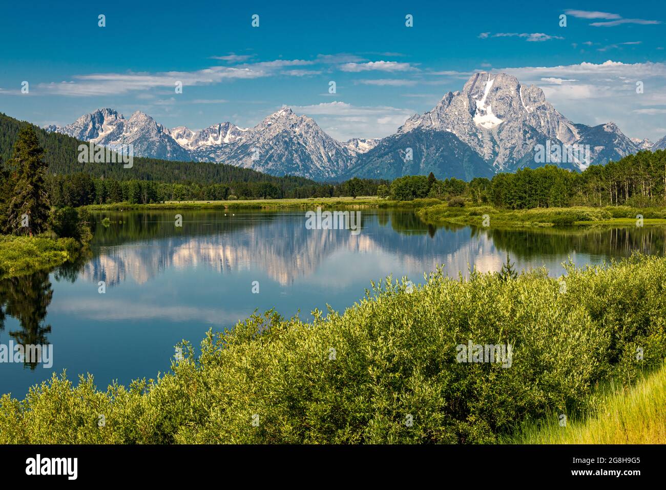 Blick auf die tetons vom Oxbow Bend Stockfoto