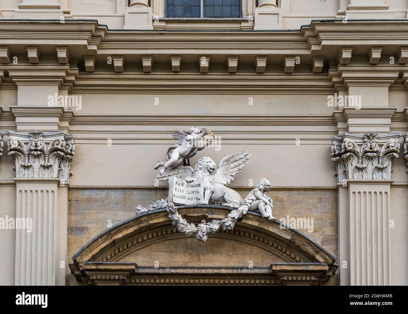 Löwensymbol des heiligen Markus auf der neoklassizistischen façade der Dominikanerbasilika von San Marco, Stadtzentrum Florenz, Toskana, Italien Stockfoto