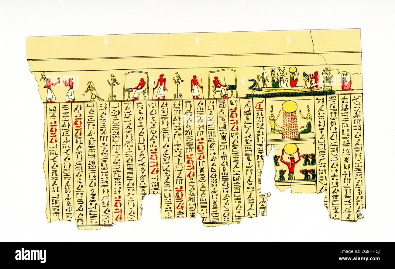 Die Bildunterschrift auf diesem Bild von 1804 lautet: „illustriertes Manuskript über Papyrus in Hieroglyphen“. Die beiden am häufigsten verwendeten Pigmente auf Papyri sind schwarz und rot. Die schwarze Tinte, die Sie am häufigsten sehen, wird zum Schreiben der Buchstaben der Hieroglyphen oder des hieratischen Textes verwendet und ist fast immer eine kohlenstoffschwarze Tinte. Das Rot wurde oft für Rubriken wie Titel und Überschriften verwendet, um sie vom Rest des Textes zu unterscheiden. Stockfoto