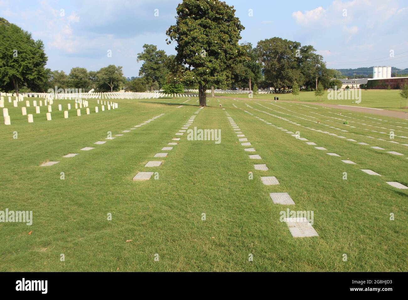 Reihen von Grabsteinen und flachen Grabsteinen auf dem Chattanoega National Cemetery in Tennessee Stockfoto