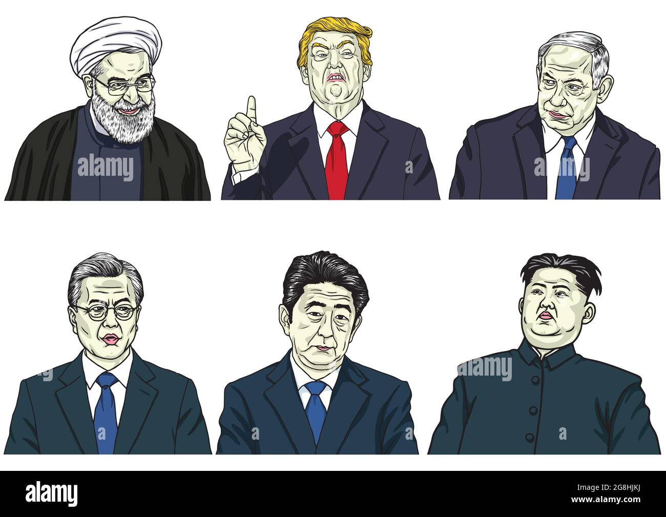 Eine Gruppe von Weltführern. Donald Trump, Hassan Rouhani, Benjamin Netanjahu, Moon Jae-in, Shinzo Abe, Kim Jong-un. Vektor Cartoon Karikatur Porträt Stock Vektor