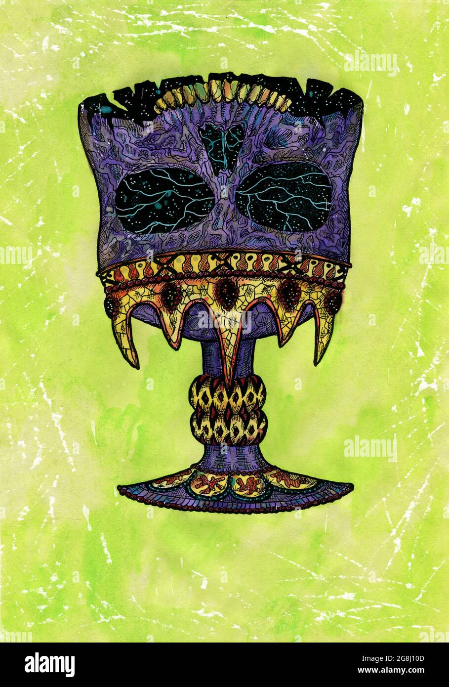 Gestylte Aquarell-Illustration von gruseligen Schädel als Tasse in Krone auf grünem Hintergrund. Mystische Zeichnung für Halloween mit esoterischer, gotischer, okkulter Stockfoto