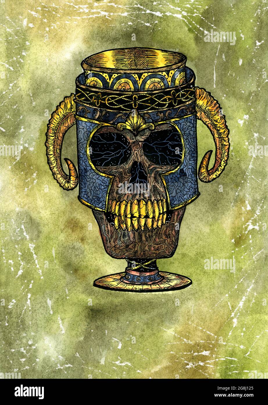 Gestylte Aquarell-Illustration von gruseligen Schädel als Tasse im Helm vor altem Grunge-Hintergrund. Mystische Zeichnung für Halloween mit Eoteric, Gothic, occ Stockfoto