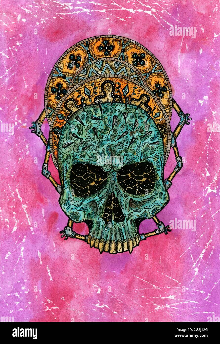 Gestylte Aquarell-Illustration von gruseligen Schädel vor rosa Grunge Hintergrund. Mystische Zeichnung für Halloween mit esoterischem, gotischem, okkulten Konzept Stockfoto