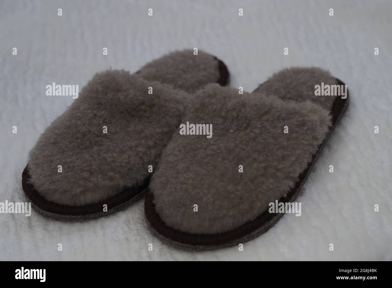Bequeme Hausschuhe auf einem weichen Teppich. Das Konzept von Komfort, Wärme und Gemütlichkeit. Hochwertige Fotos Stockfoto