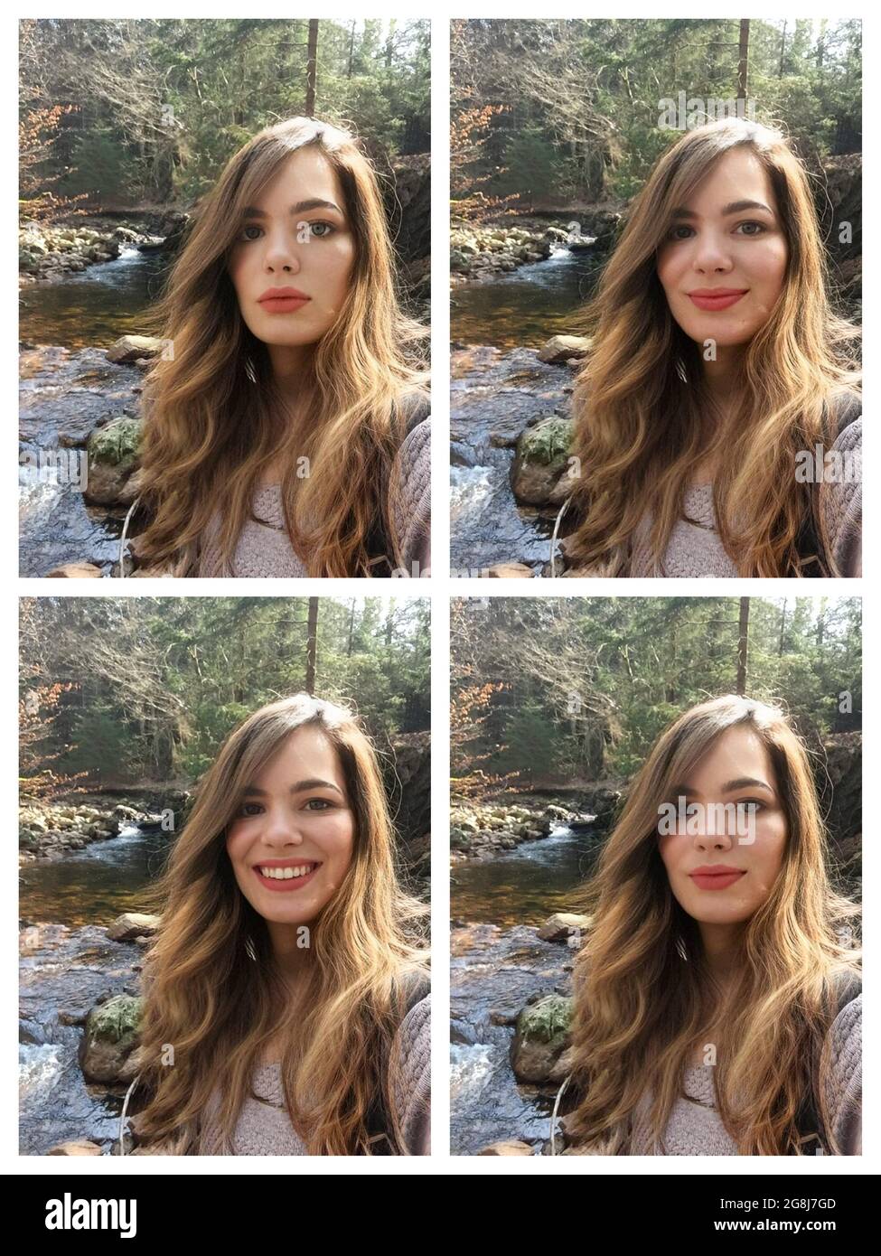 Vier Gesichtsprofilbilder in einem. Frau, im Wald an einem Bach in den Ardennen. Dies ist eine Person, die nicht existiert. Stockfoto