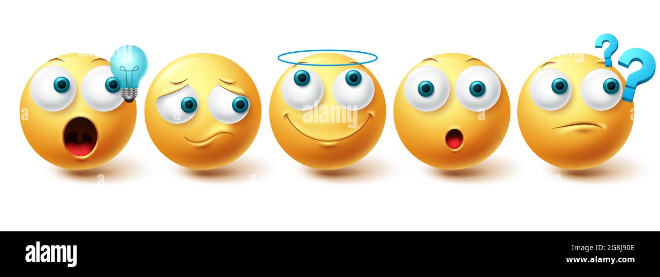 Smiley-Emoji-Vektorset. Smileys gelb Emoticon glücklich, traurig, Engel und denken Gesichtskollektion isoliert in weißem Hintergrund für Grafik-Design Stock Vektor