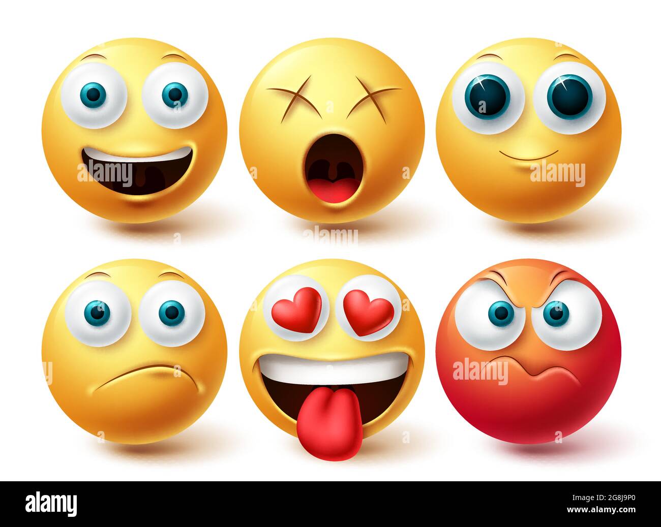 Smiley-Emoji-Vektorset. Smileys Emoticon glücklich, wütend, verliebt und schwindlig Icon-Sammlung isoliert in weißem Hintergrund für grafische Design-Elemente. Stock Vektor